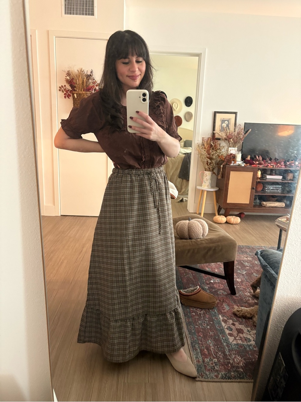 Plaid Ruffle-Hem Maxi Skirt in Brown/Tan